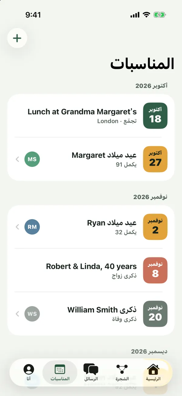 تبويب المناسبات مع تجمّع وأعياد ميلاد مع الأعمار وذكرى زواج وذكرى وفاة مجمّعة حسب الشهر