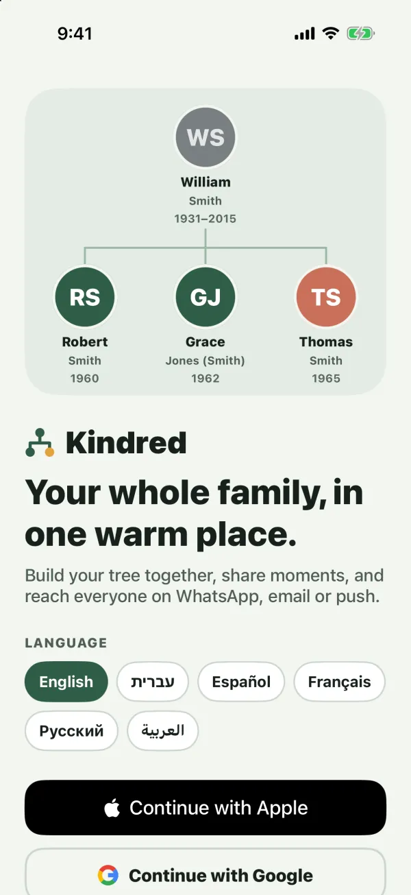 The Kindred welcome screen with a small Smith family tree, the language choices and the Continue with Apple and Continue with Google buttons