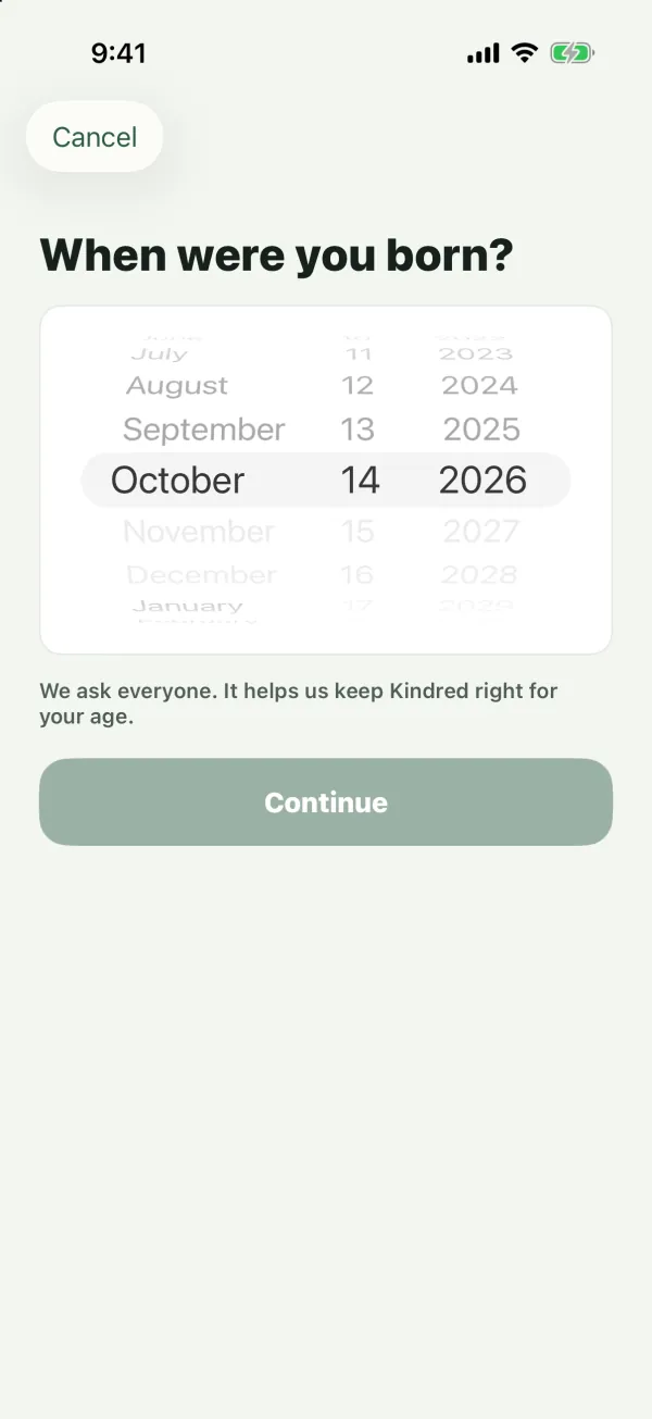 The When were you born? screen with a date wheel and a Continue button