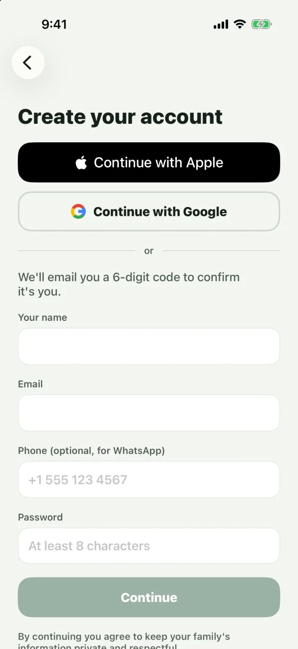 The Create your account form with Google and Apple buttons, then Your name, Email, Phone and Password fields