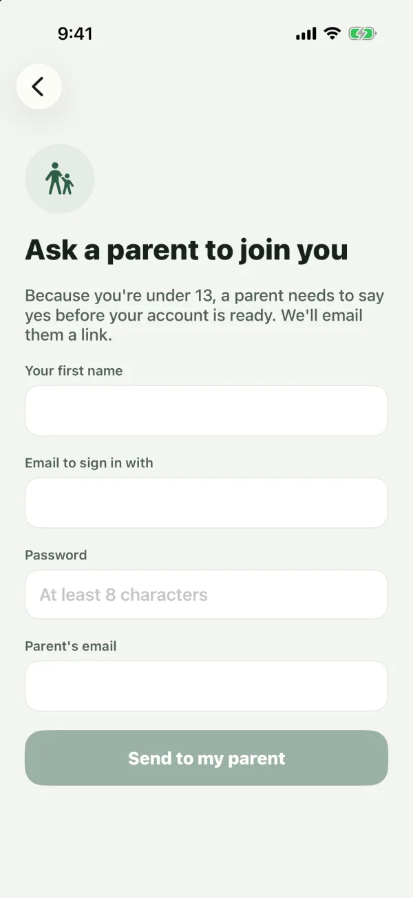 The Ask a parent to join you form with Your first name, Email to sign in with, Password and Parent's email fields