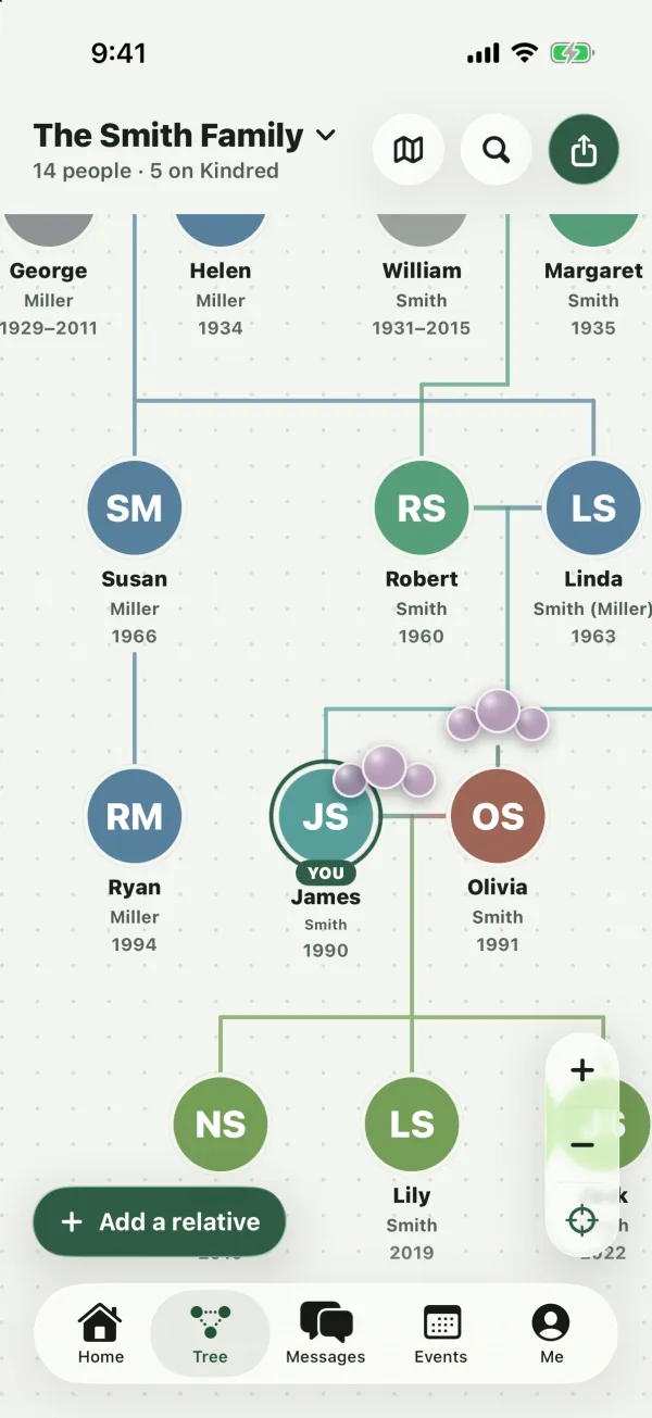 The Smith family tree on iPhone, centered on James with the YOU badge, with grandparents above and children below