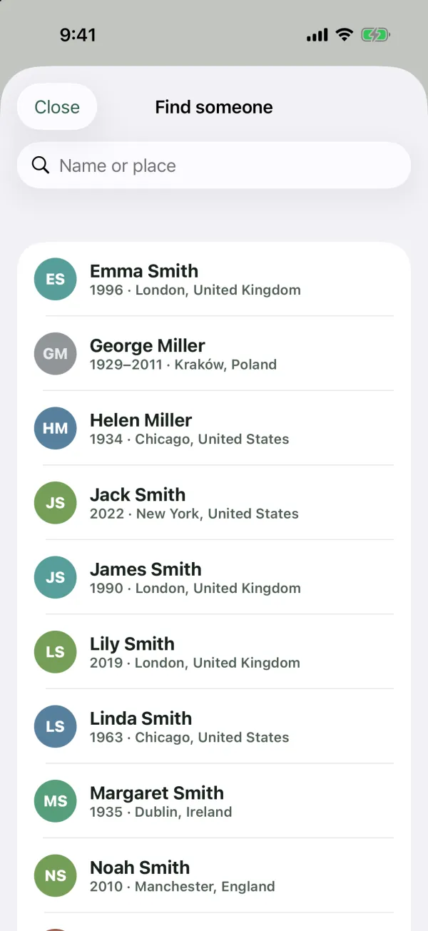 The Find someone screen with a Name or place search box and an alphabetical list of the Smith family with years and birthplaces