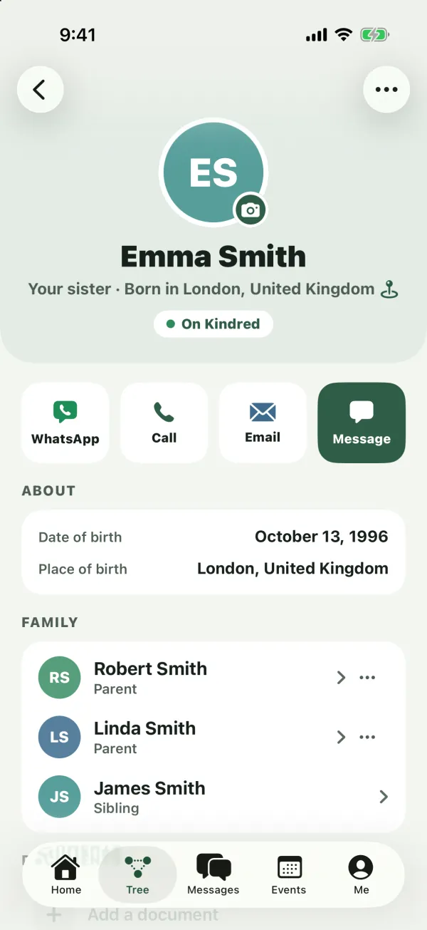 Emma Smith's page: her photo, Your sister, Born in London, On Kindred, the WhatsApp, Call, Email and Message buttons, and the About and Family sections
