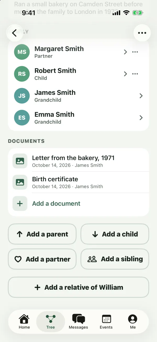 The Documents section on William Smith's page with a birth certificate and a letter, and an Add a document button