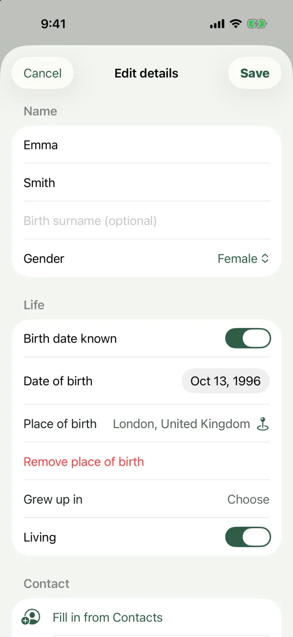 The Edit details form for Emma Smith with name, birth surname, gender, date and place of birth, Living and Contact fields