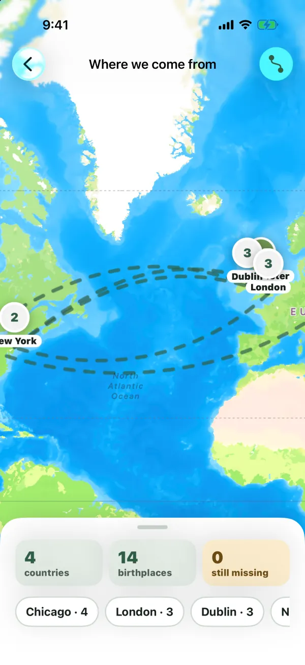 The Where we come from map with birthplace pins in Chicago, New York, Dublin and London, dashed migration lines, and counts of countries, birthplaces and still missing