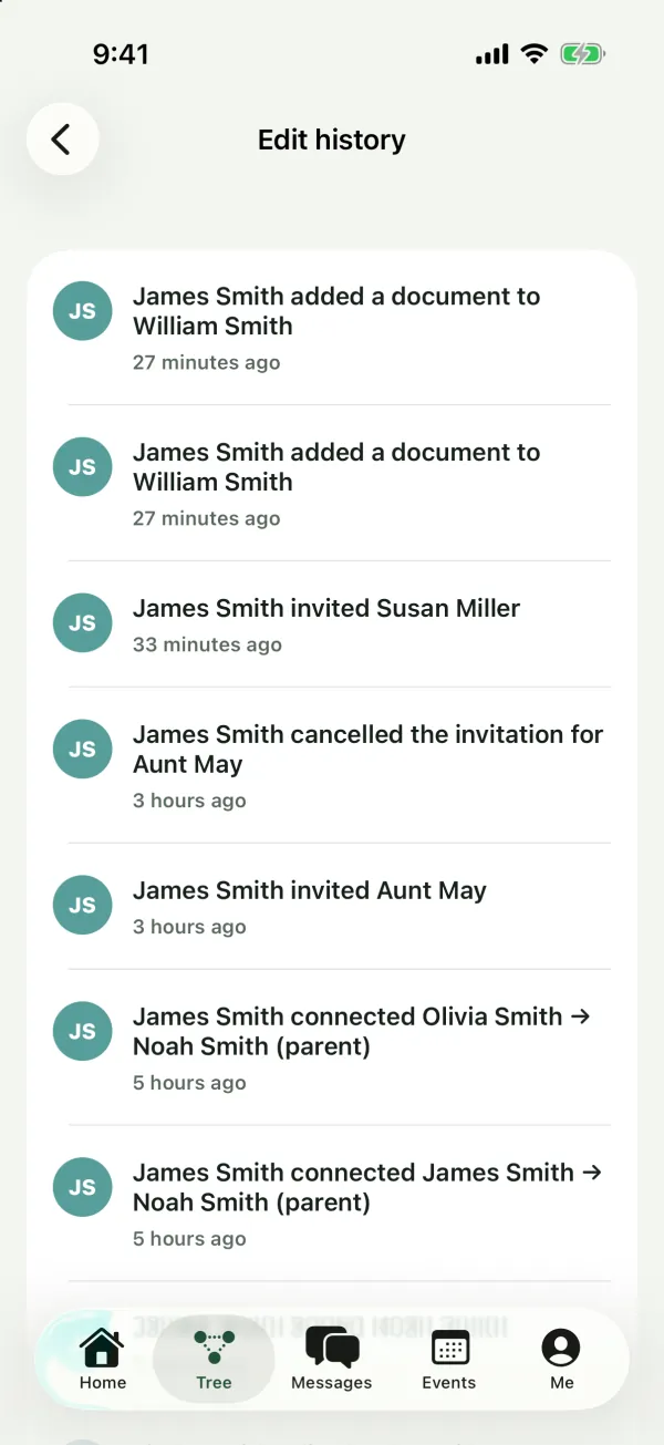 The Edit history list with entries such as James Smith added a document to William Smith, James Smith invited Susan Miller and James Smith connected Olivia Smith to Noah Smith