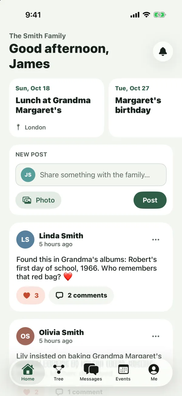 The Home tab with a greeting, upcoming event cards, the New post box and a post by Linda Smith with likes and comments