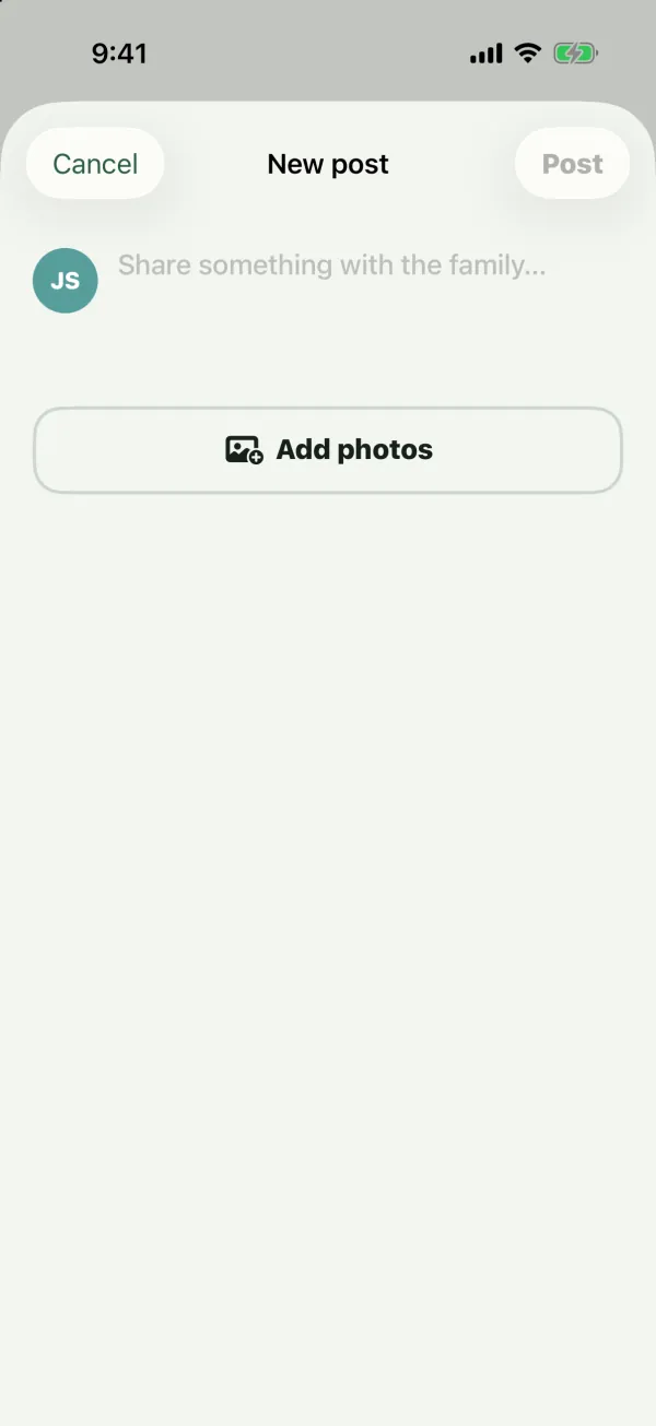 The New post screen with a text box and an Add photos button