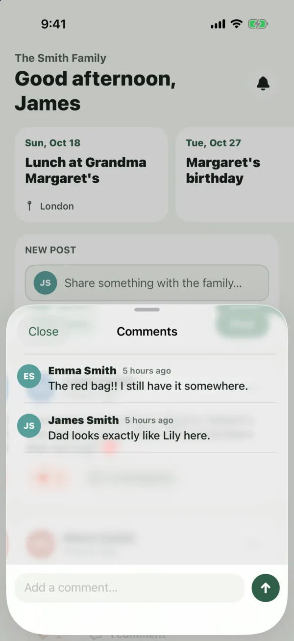The Comments sheet over a post, with comments from Emma Smith and James Smith and an Add a comment box