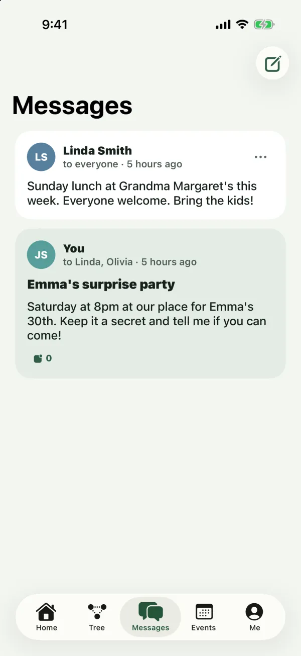 The Messages tab with a message from Linda Smith to everyone and a message from You to Linda and Olivia with the subject Emma's surprise party