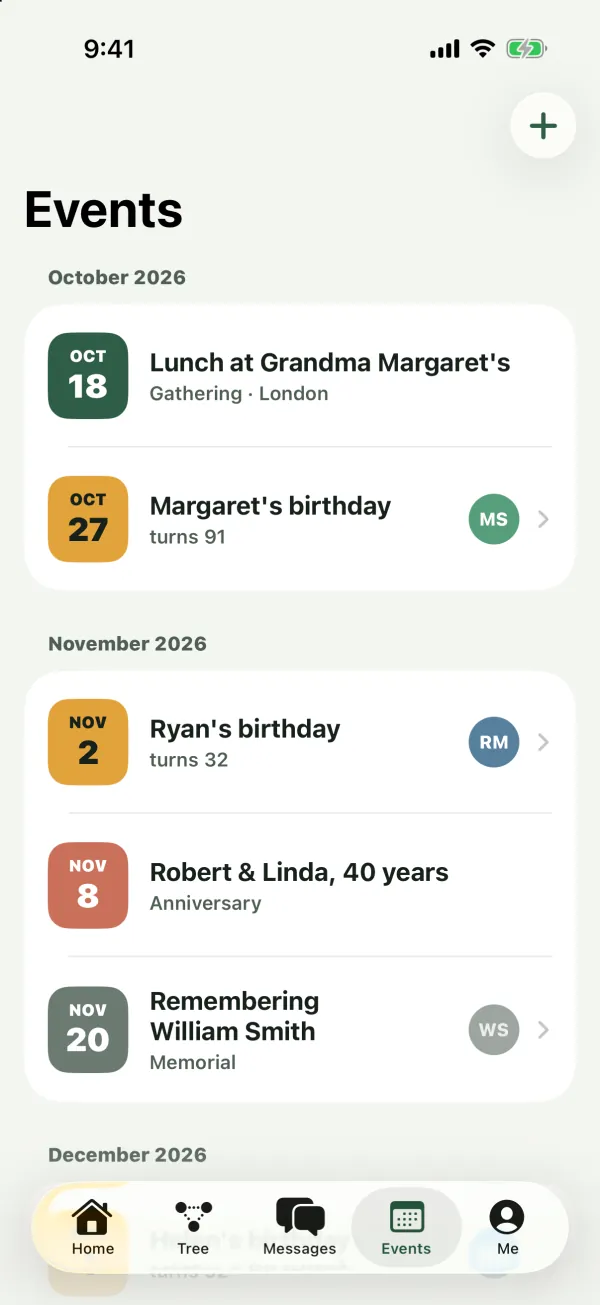 The Events tab with a gathering, birthdays with ages, an anniversary and a memorial grouped by month