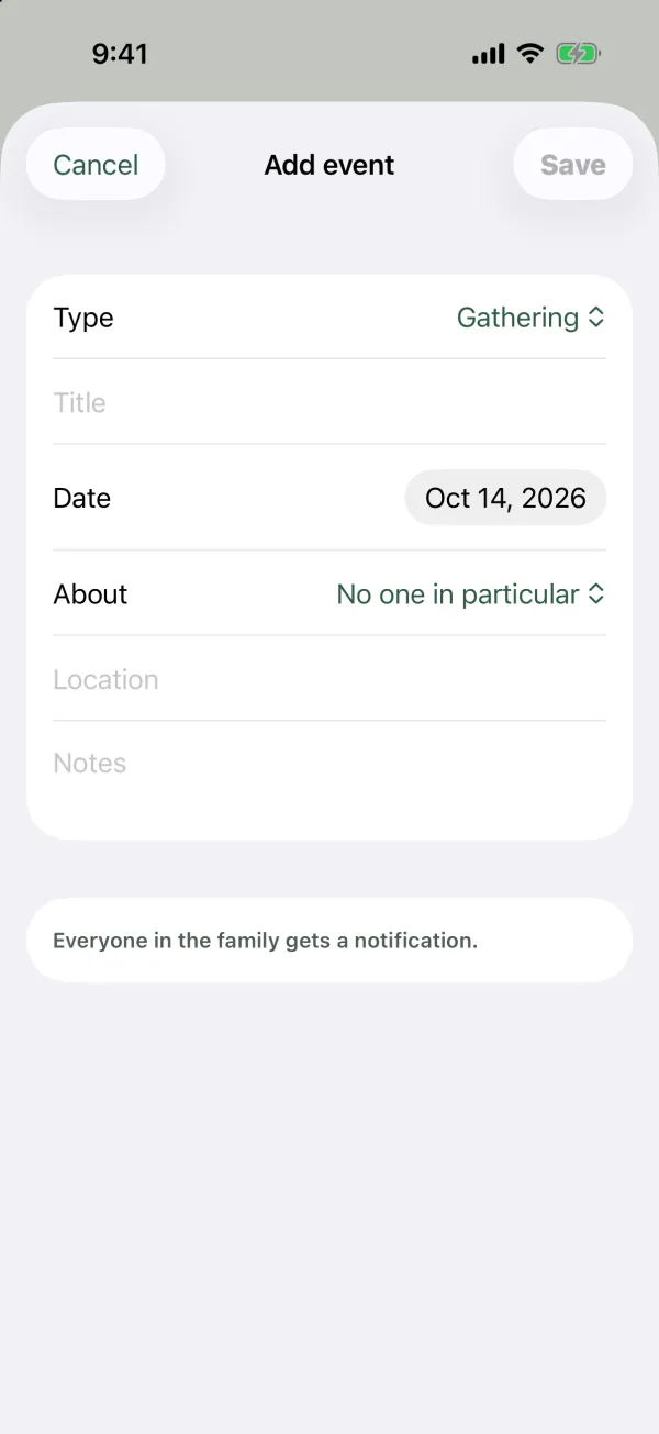 The Add event form with Type, Title, Date, About, Location and Notes, and the note Everyone in the family gets a notification