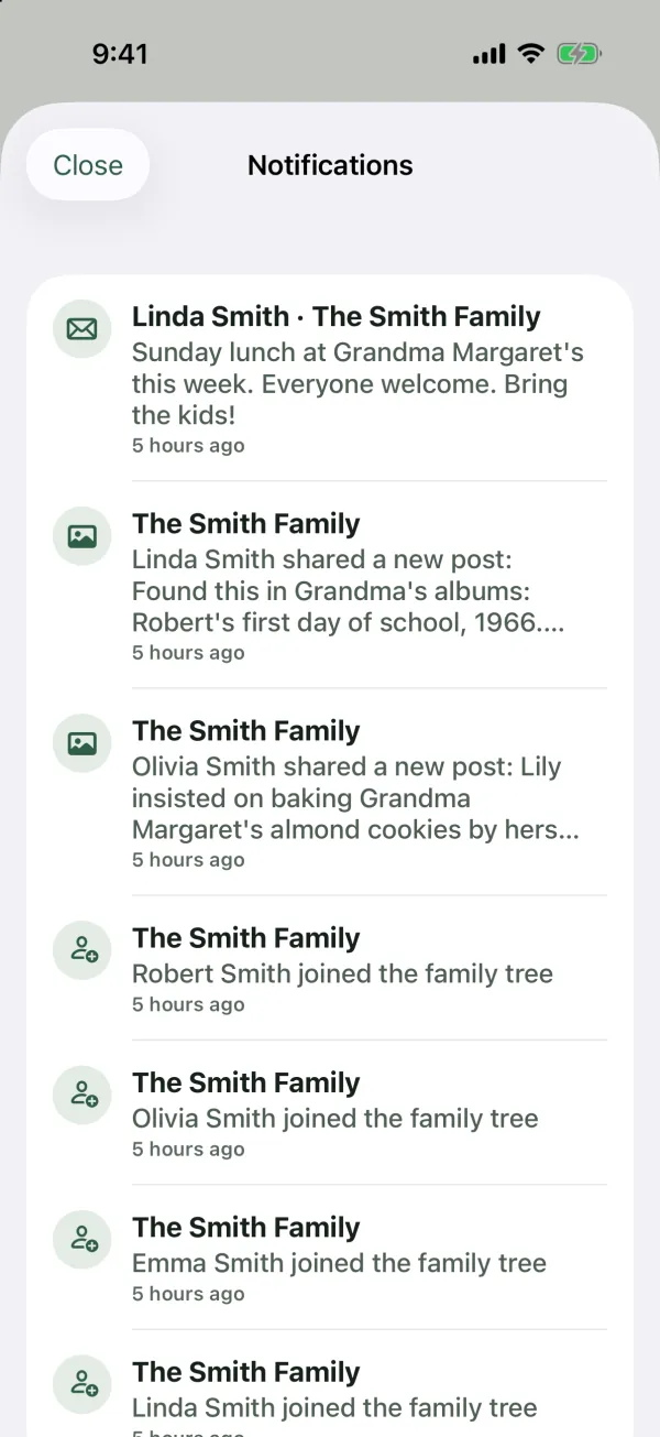 The Notifications inbox with a message from Linda Smith, new posts and members who joined The Smith Family