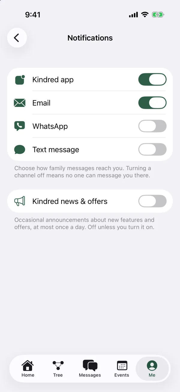The Notifications settings with switches for Kindred app, Email, WhatsApp and Text message, and Kindred news and offers