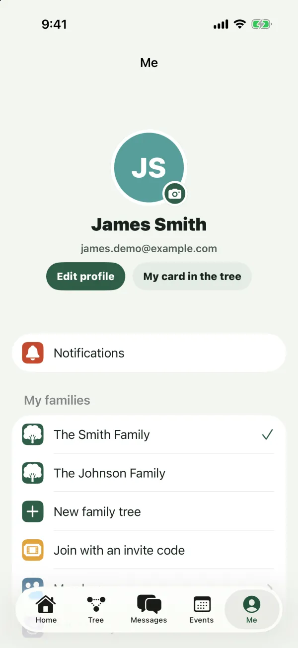 The Me tab with James Smith's profile, Edit profile and My card in the tree buttons, Notifications, and My families listing The Smith Family and The Johnson Family