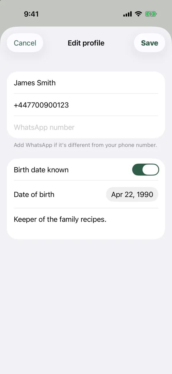 The Edit profile form with name, phone, WhatsApp number, Birth date known, Date of birth and About me