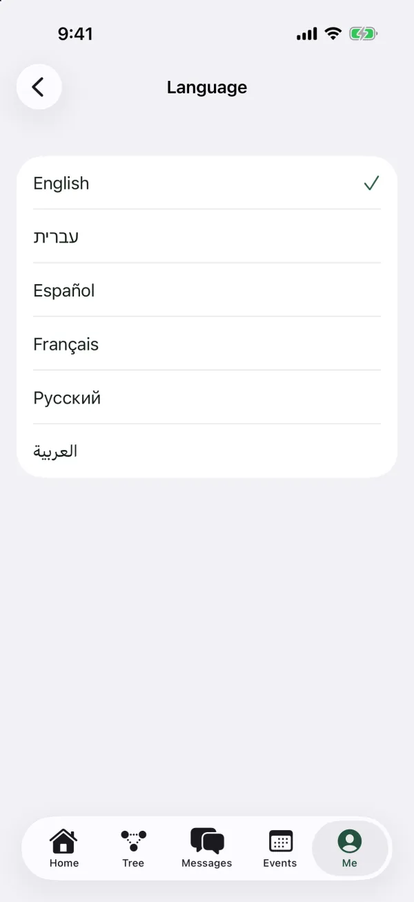 The Language screen listing English, Hebrew, Spanish, French, Russian and Arabic, with English checked