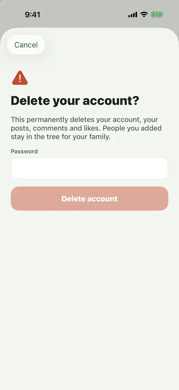 The Delete your account? screen explaining what is deleted, with a Password field and a Delete account button
