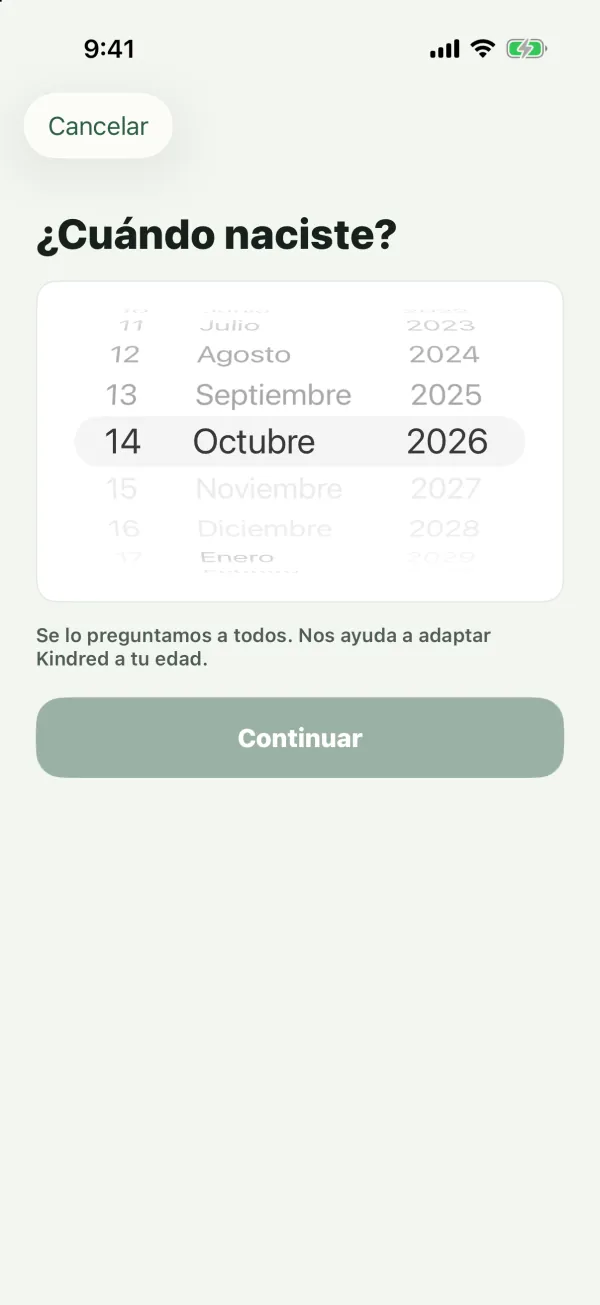 La pantalla ¿Cuándo naciste? con una rueda de fecha y un botón Continuar
