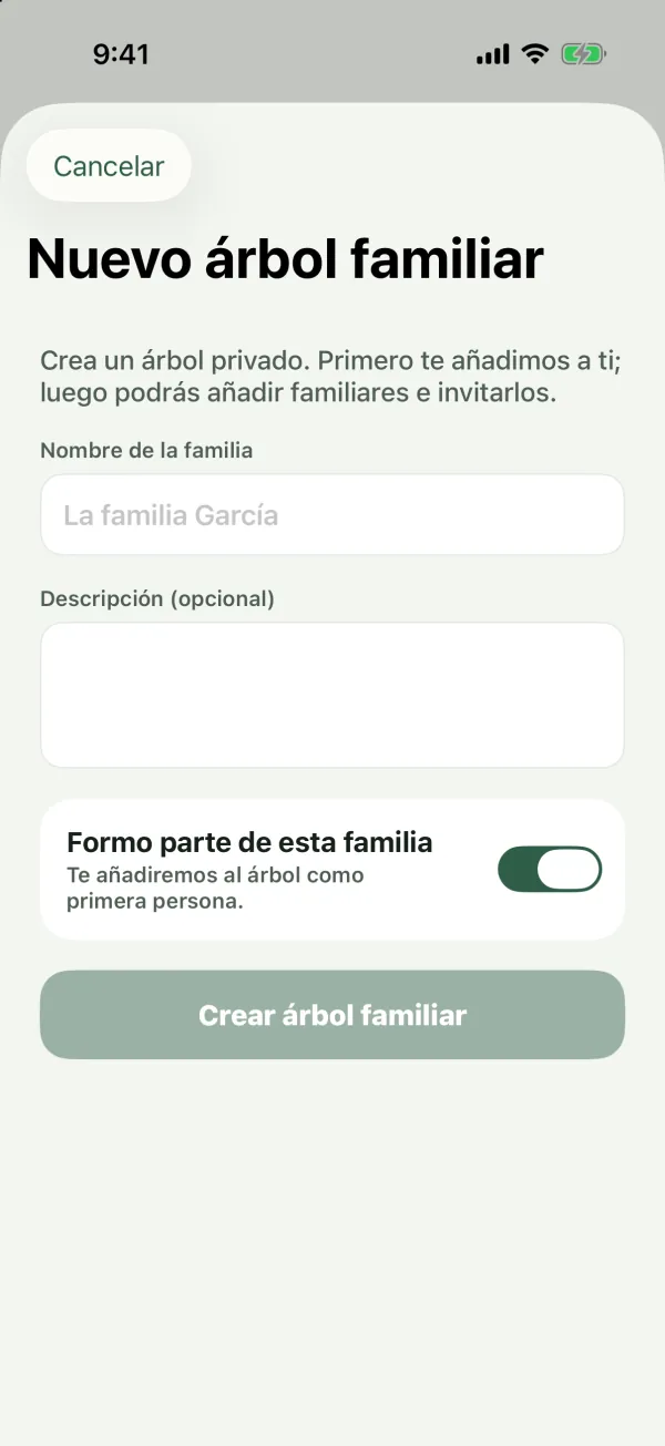 El formulario Nuevo árbol familiar con Nombre de la familia, Descripción y el interruptor Formo parte de esta familia