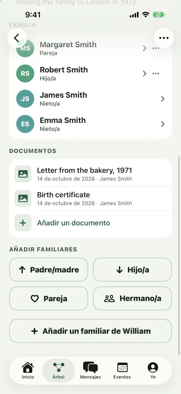 La sección Documentos en la página de William Smith con un acta de nacimiento y una carta, y un botón Añadir un documento
