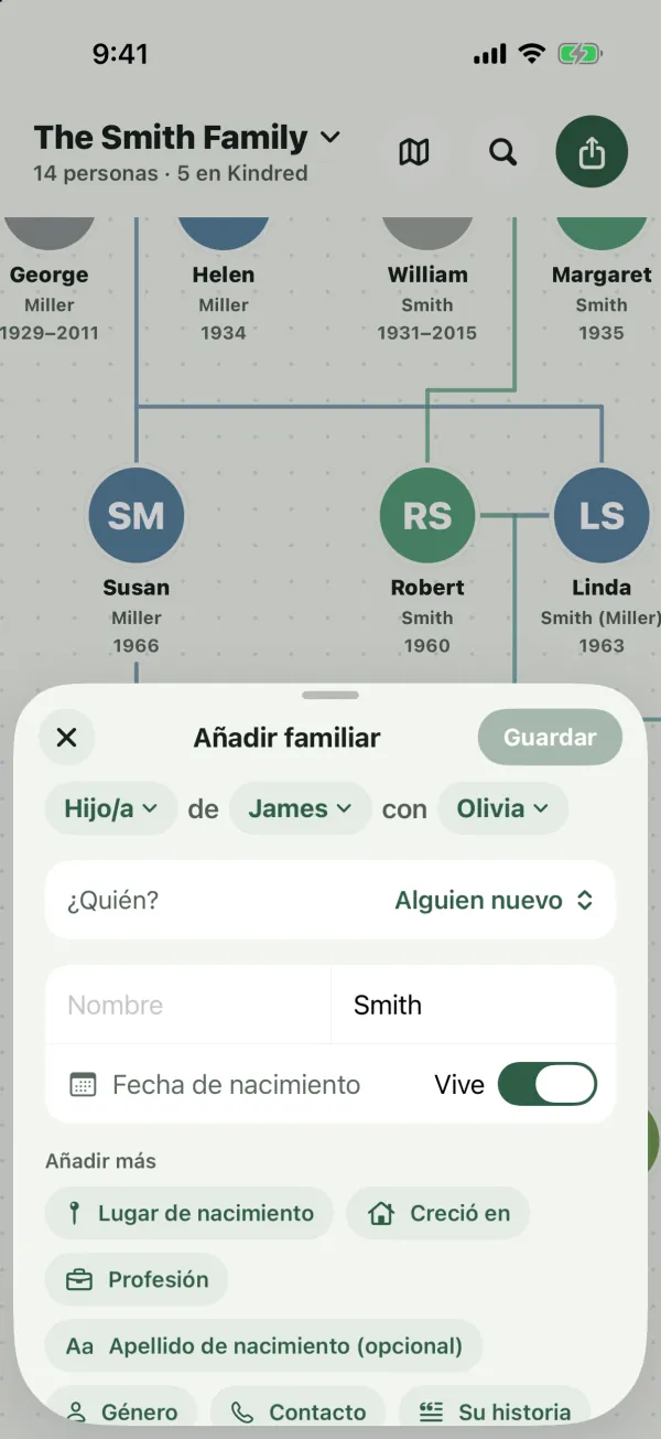 La hoja Añadir familiar con la frase Hijo/a de James con Olivia, una fila ¿Quién?, los campos de nombre, fecha de nacimiento, Vive y las opciones de Añadir más