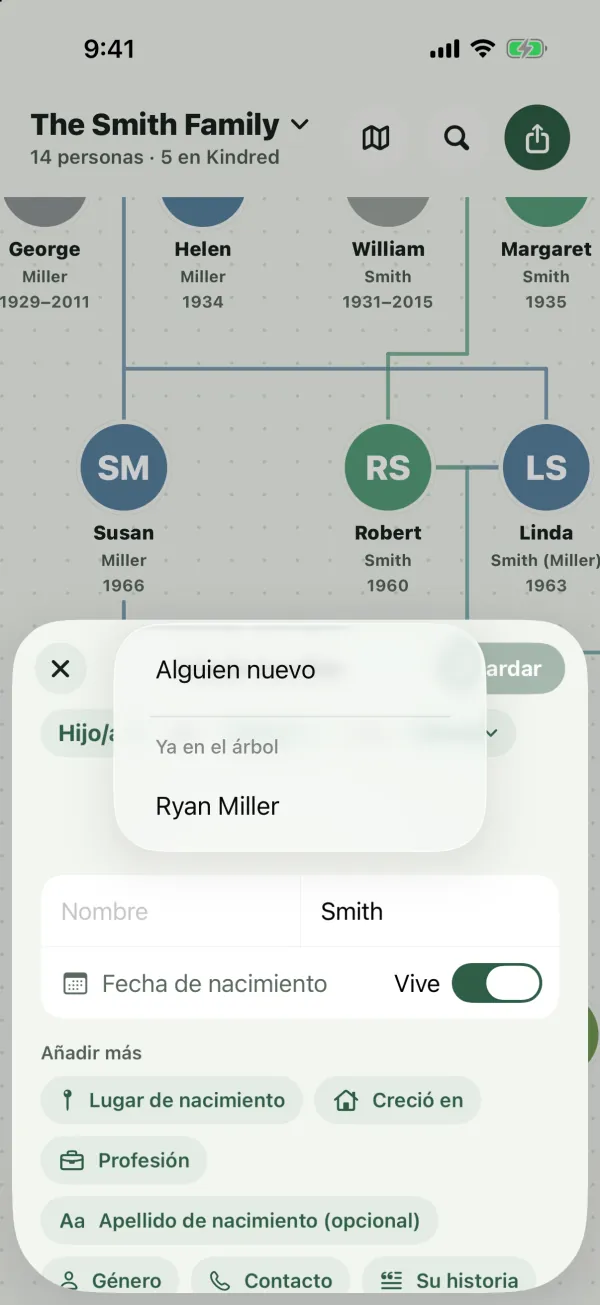 El menú ¿Quién? abierto, con Alguien nuevo y una persona en Ya en el árbol