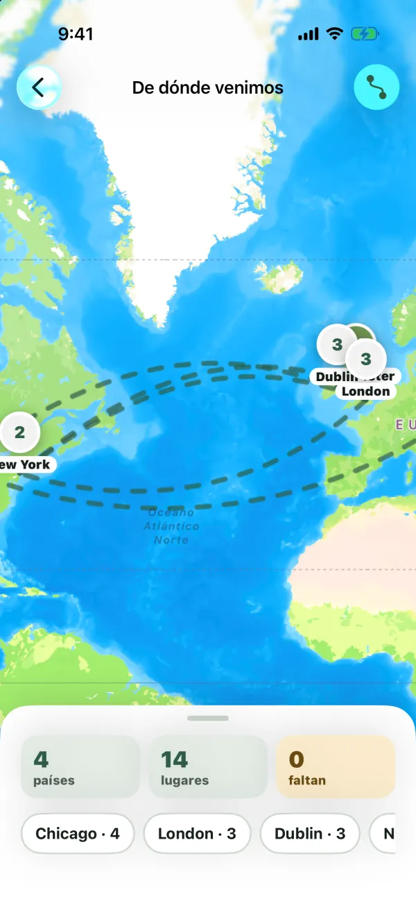 El mapa De dónde venimos con pines de lugares de nacimiento en Chicago, Nueva York, Dublín y Londres, líneas de migración discontinuas y los recuentos de países, lugares y faltan