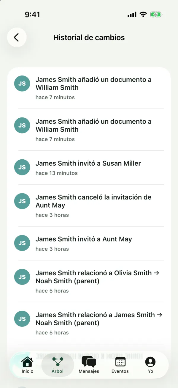 La lista Historial de cambios con entradas como James Smith añadió un documento a William Smith, James Smith invitó a Susan Miller y James Smith relacionó a Olivia Smith con Noah Smith