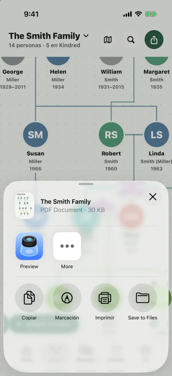 El menú de compartir de iPhone con el documento PDF The Smith Family y opciones como Copiar, Marcación, Imprimir y Guardar en Archivos