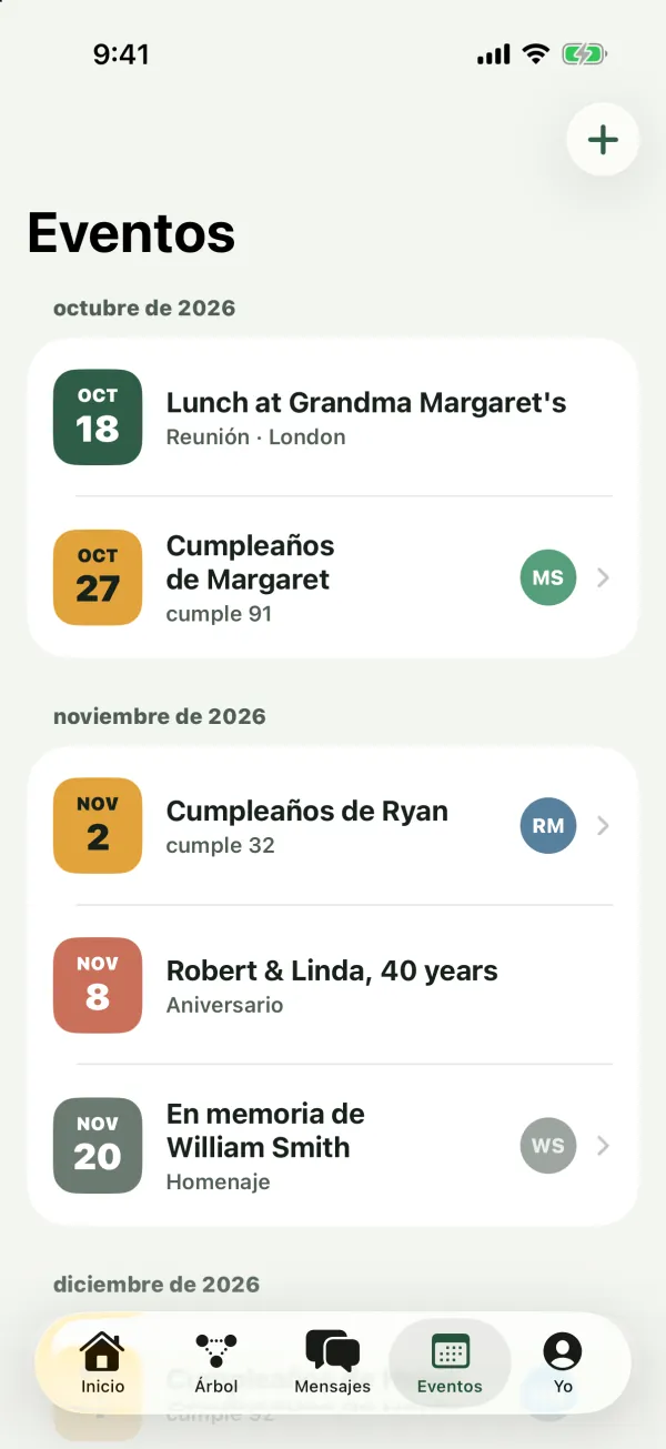 La pestaña Eventos con una reunión, cumpleaños con edades, un aniversario y un homenaje agrupados por mes