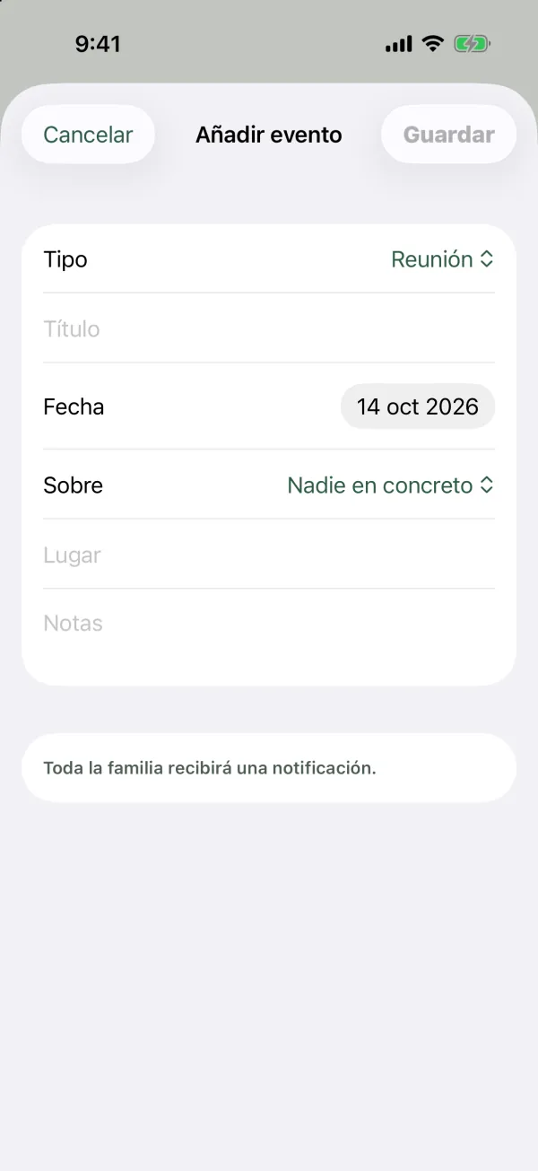 El formulario Añadir evento con Tipo, Título, Fecha, Sobre, Lugar y Notas, y la nota Toda la familia recibirá una notificación