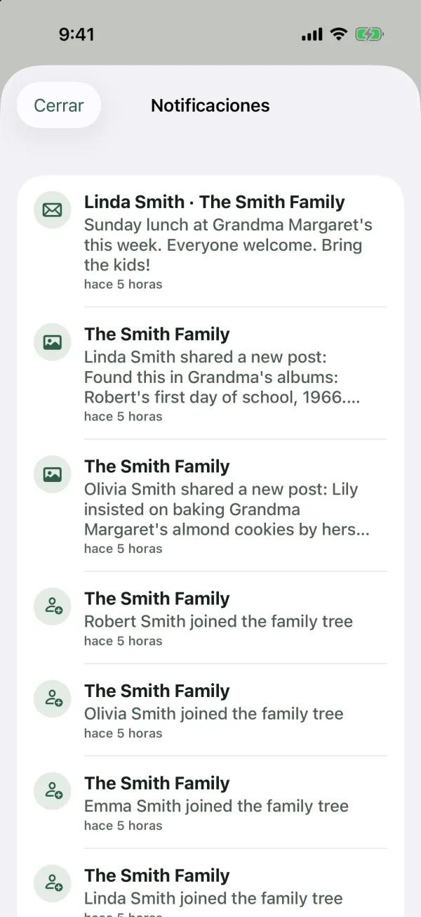 La bandeja Notificaciones con un mensaje de Linda Smith, nuevas publicaciones y miembros que se unieron a The Smith Family