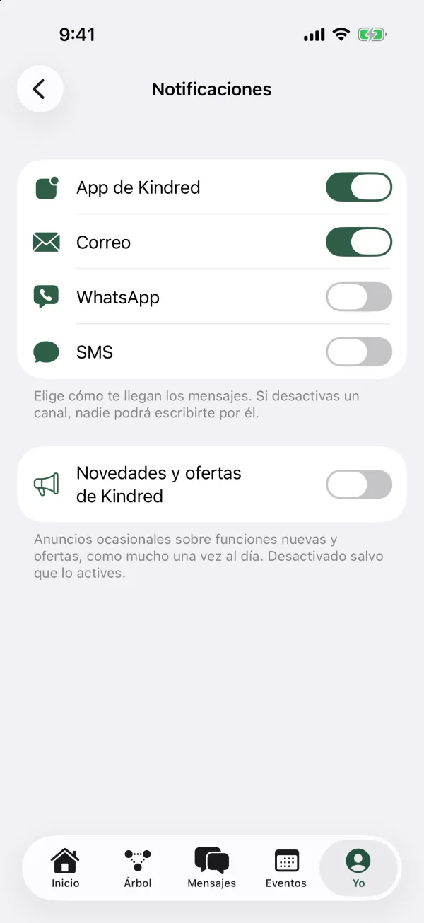 Los ajustes de Notificaciones con interruptores para App de Kindred, Correo, WhatsApp y SMS, y Novedades y ofertas de Kindred