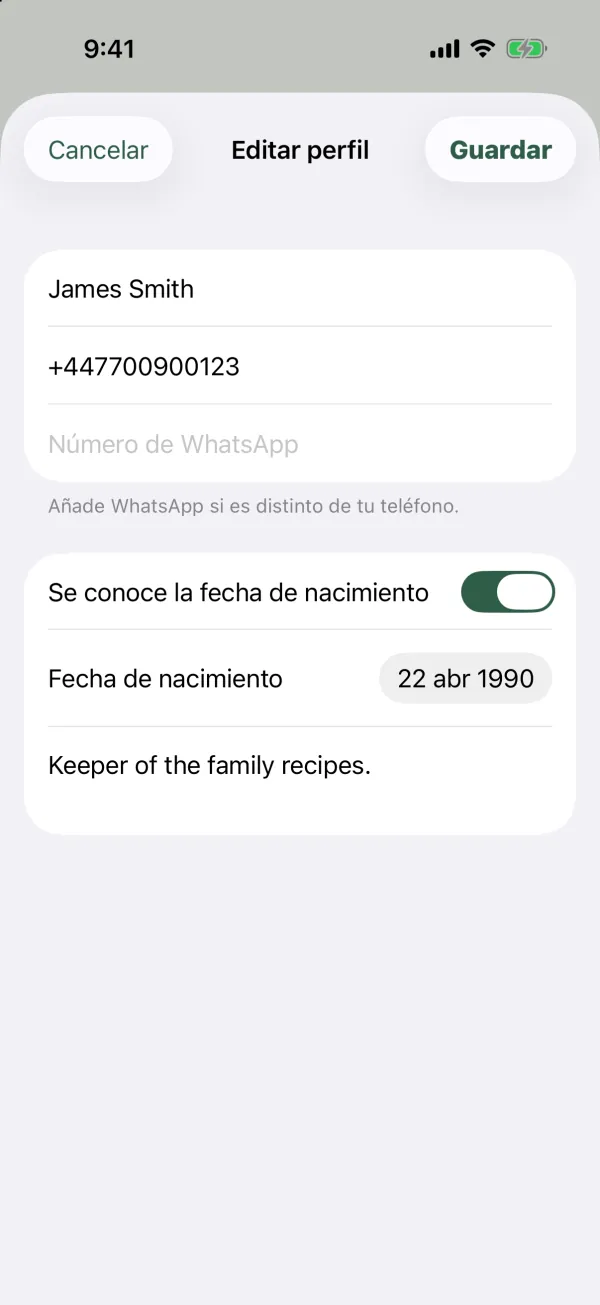 El formulario Editar perfil con nombre, teléfono, número de WhatsApp, Se conoce la fecha de nacimiento, Fecha de nacimiento y Sobre mí
