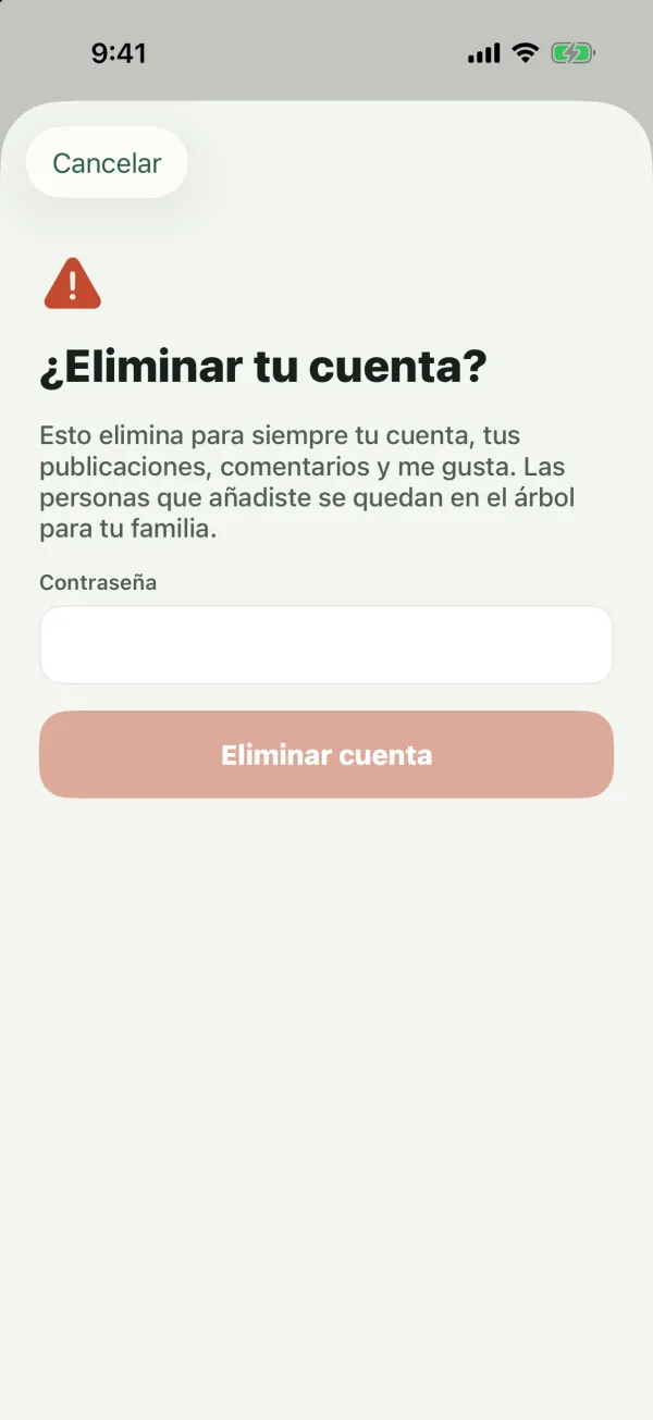 La pantalla ¿Eliminar tu cuenta? explicando qué se elimina, con un campo Contraseña y un botón Eliminar cuenta