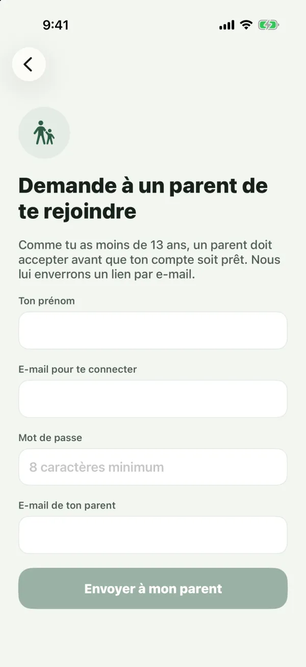 Le formulaire Demande à un parent de te rejoindre avec les champs Ton prénom, E-mail pour te connecter, Mot de passe et E-mail de ton parent