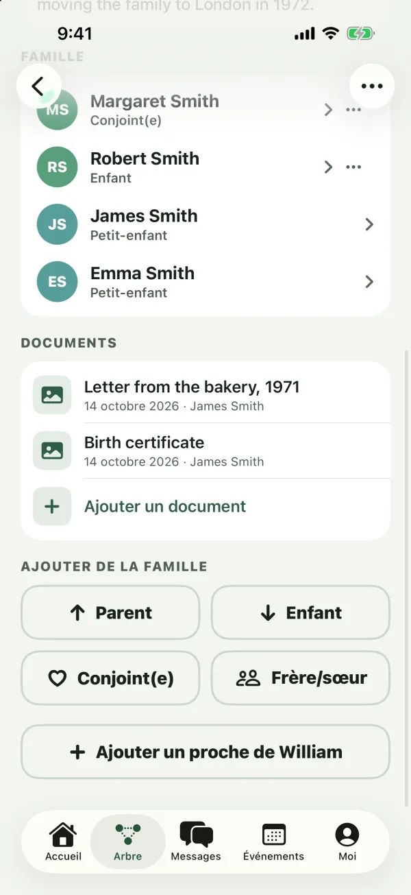 La section Documents de la fiche de William Smith avec un acte de naissance et une lettre, et un bouton Ajouter un document