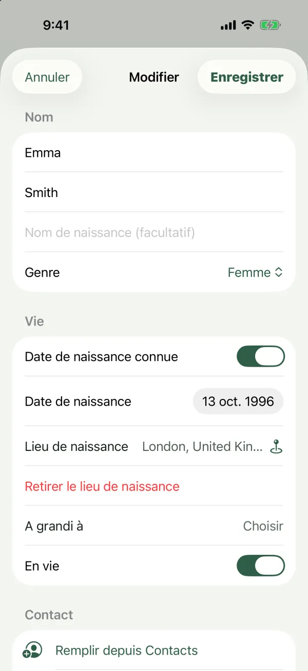Le formulaire Modifier d’Emma Smith avec le nom, le nom de naissance, le genre, la date et le lieu de naissance, En vie et les champs Contact