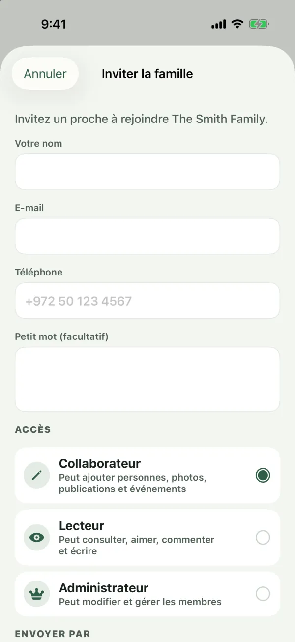 Le formulaire Inviter la famille avec les champs nom, e-mail, téléphone et petit mot, et les choix d’accès Collaborateur, Lecteur et Administrateur