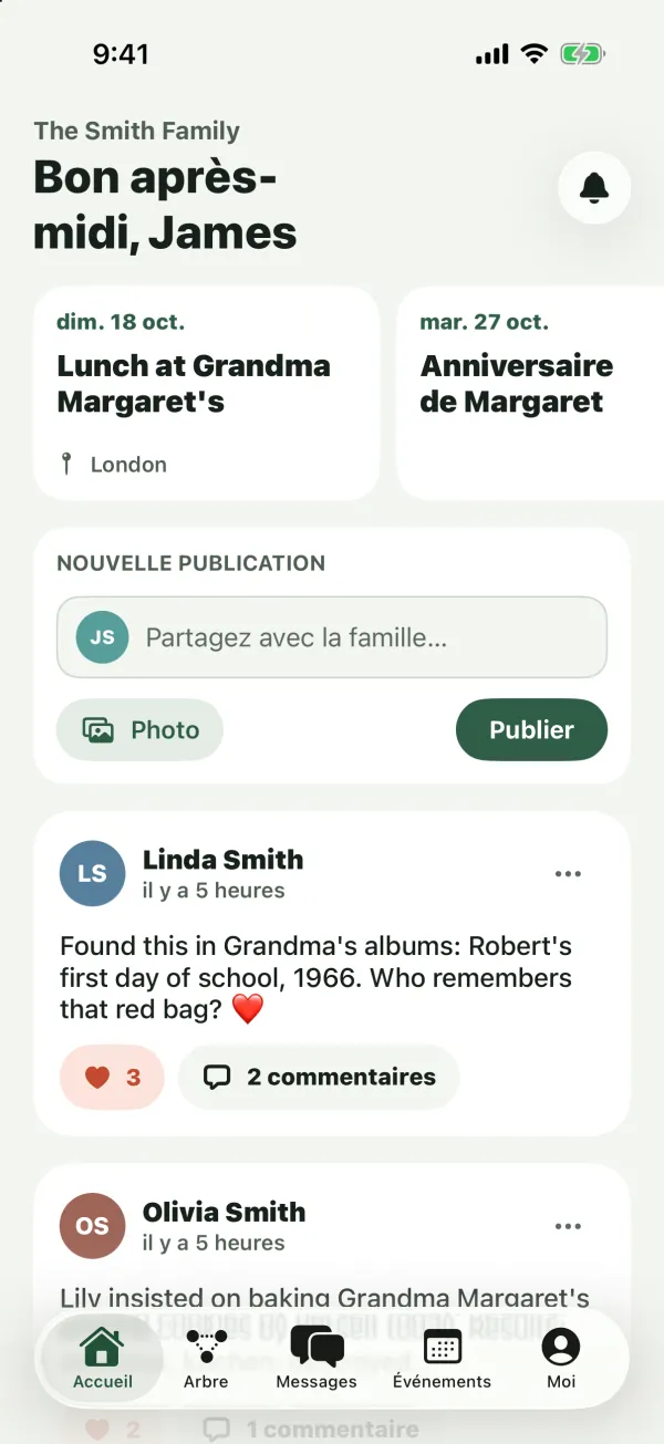 L’onglet Accueil avec une salutation, des cartes d’événements à venir, le bloc Nouvelle publication et une publication de Linda Smith avec des j’aime et des commentaires