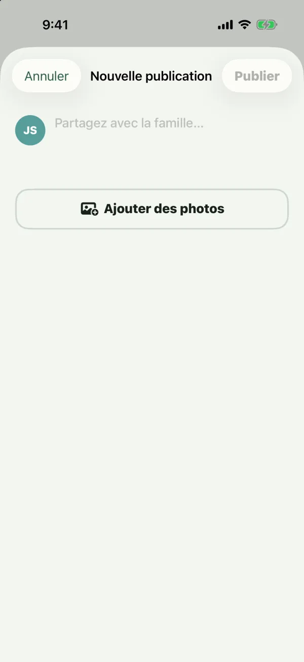 L’écran Nouvelle publication avec une zone de texte et un bouton Ajouter des photos