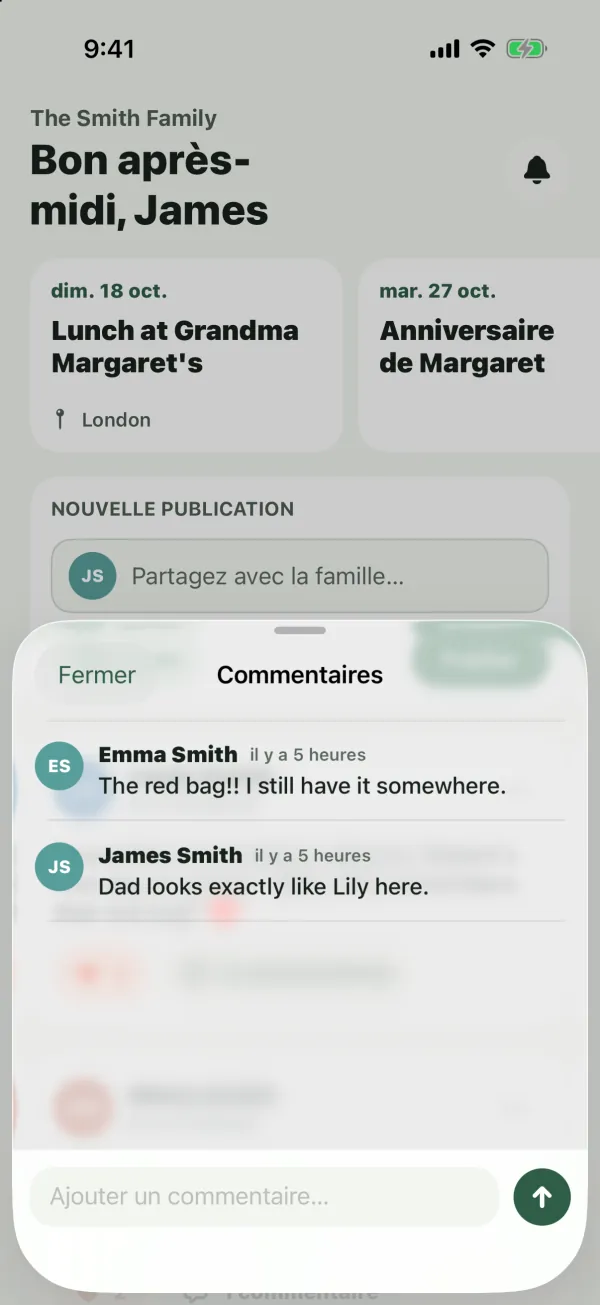 La fenêtre Commentaires au-dessus d’une publication, avec des commentaires d’Emma Smith et de James Smith et une zone Ajouter un commentaire
