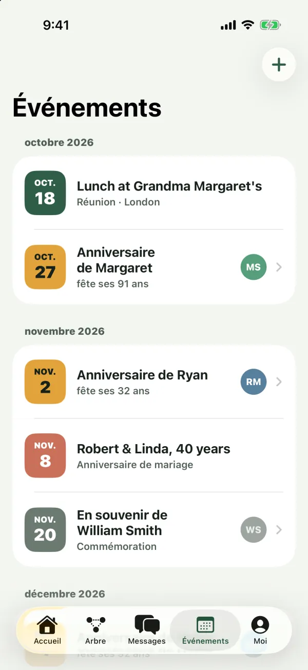 L’onglet Événements avec une réunion, des anniversaires avec l’âge, un anniversaire de mariage et une commémoration, regroupés par mois