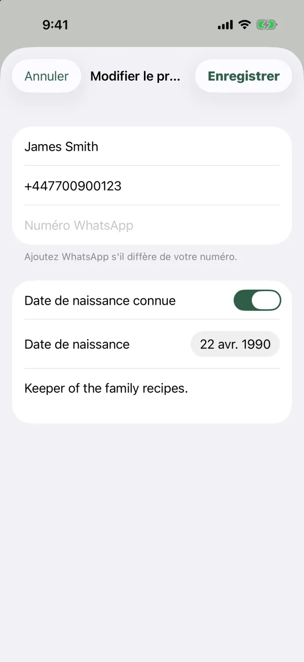 Le formulaire Modifier le profil avec le nom, le téléphone, le numéro WhatsApp, Date de naissance connue, Date de naissance et À propos de moi