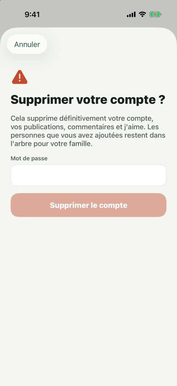 L’écran Supprimer votre compte ? expliquant ce qui est supprimé, avec un champ Mot de passe et un bouton Supprimer le compte