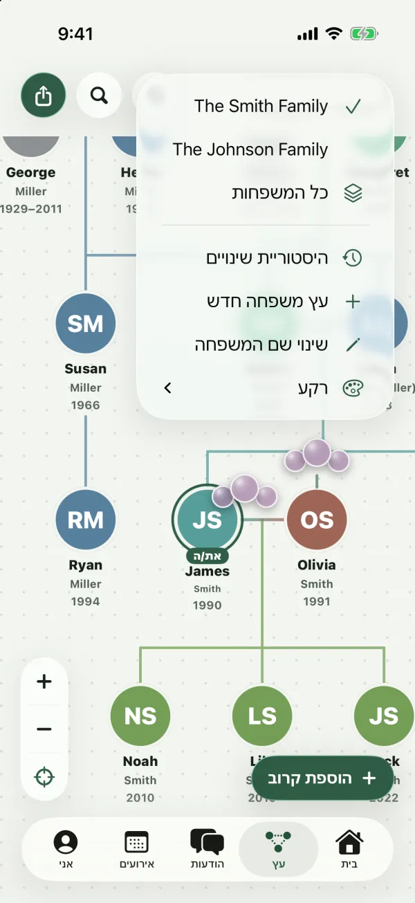 תפריט העץ פתוח מתחת לשם המשפחה, עם The Smith Family, The Johnson Family, כל המשפחות, היסטוריית שינויים, עץ משפחה חדש, שינוי שם המשפחה ורקע