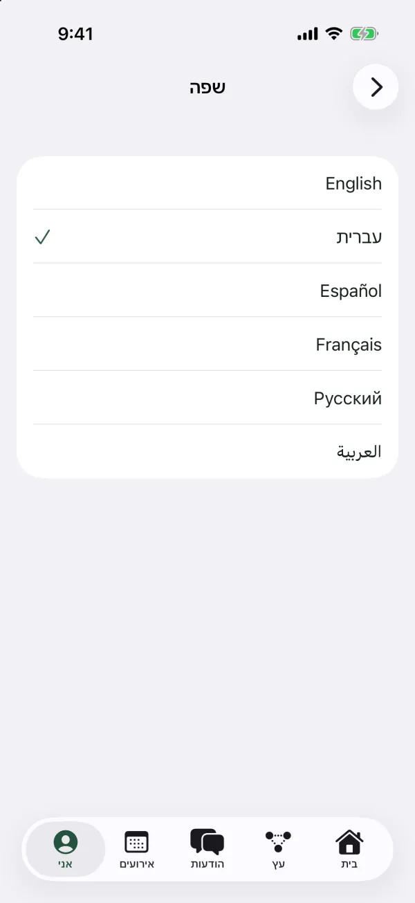 המסך שפה עם אנגלית, עברית, ספרדית, צרפתית, רוסית וערבית, כשאנגלית מסומנת